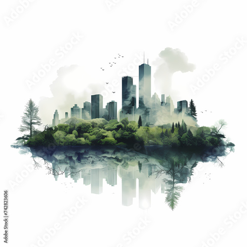 Double exposure of a city skyline and nature. 
