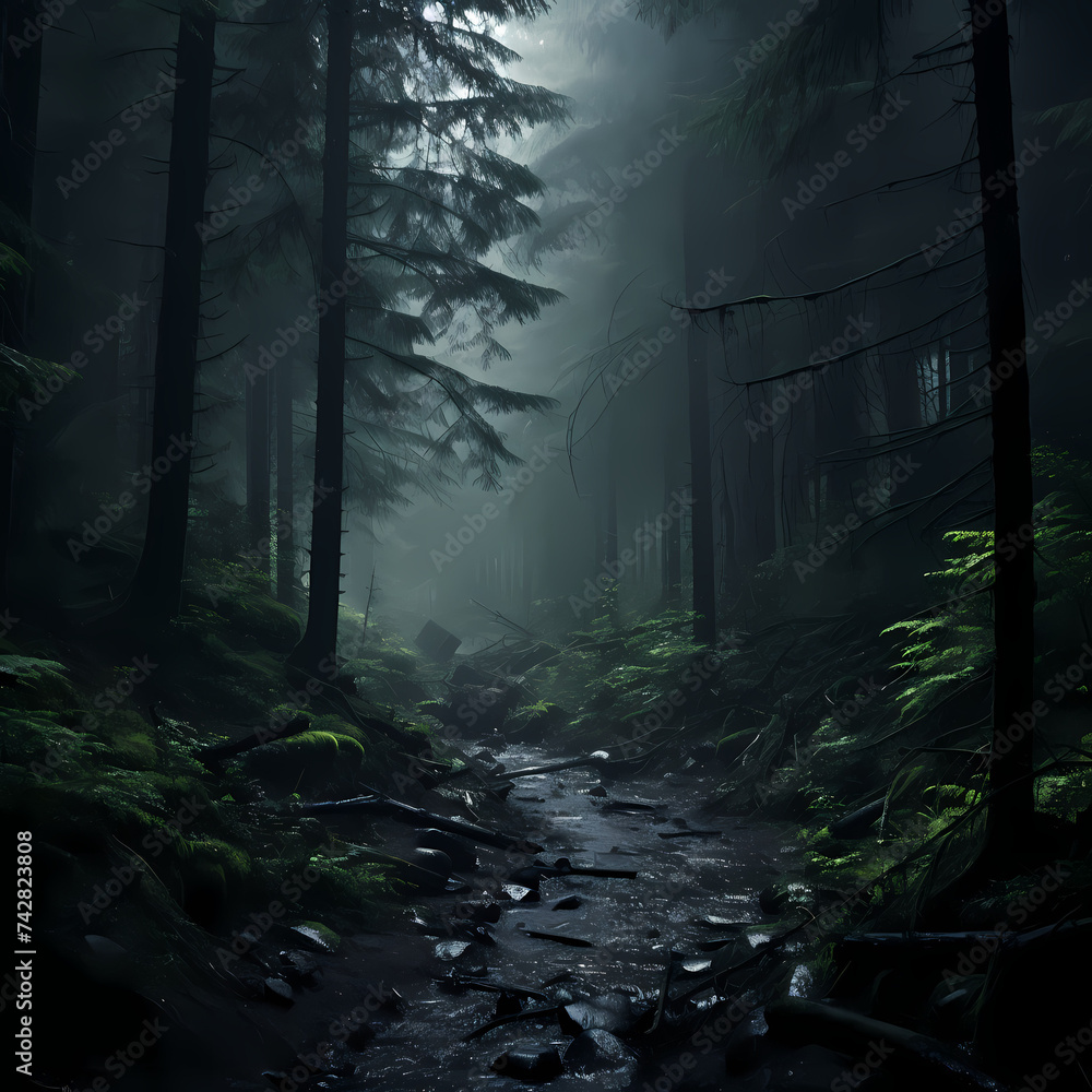 Eerie fog rolling through a dark forest.
