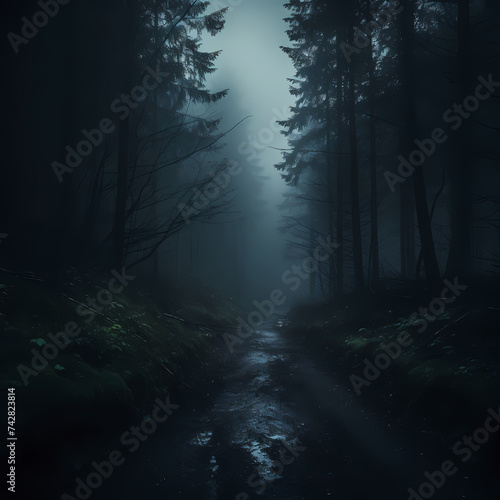 Eerie fog rolling through a dark forest.