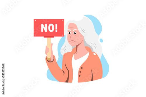 Angry elderly woman holding a no voting sign on isolated background, Vector illustration.