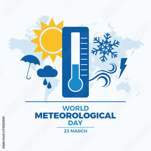World Meteorological Day poster vector illustration. Weather blue icon set. Meteorology symbol collection. Template for background, banner, card. Every 23 March. Important day