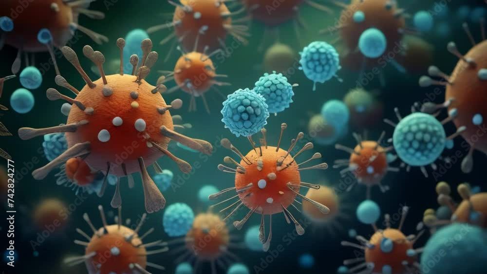 Viruses and leukocytes on a blue background under a microscope Viruses and leukocytes on a blue background under a microscope