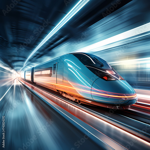 Futuristic high-speed train in motion.