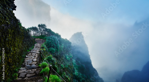 PR1 trail,  Pico do Arierio To Pico Ruivo Hike, On Madeira Island, Portugal, Europe  photo