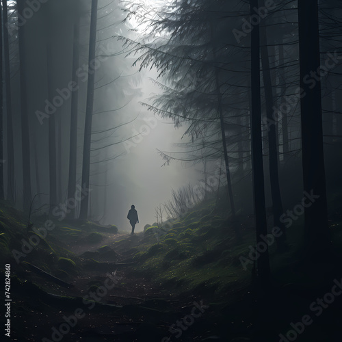 Lone figure walking through a misty forest. 