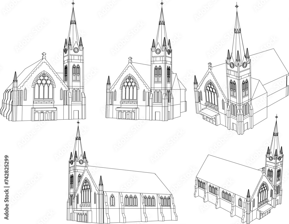Vector sketch illustration design drawing of architecture of Christian holy church with tower