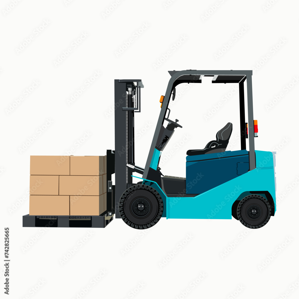 Forklift in realistic style. Top, side and front view. Hydraulic machinery 3d image. Industrial isolated drawing of orange loader. Diesel vehicle blueprint. Vector illustration