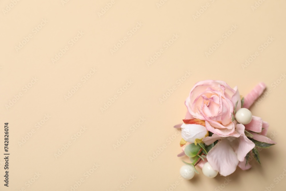 custom made wallpaper toronto digitalStylish pink boutonniere on beige background, top view. Space for text