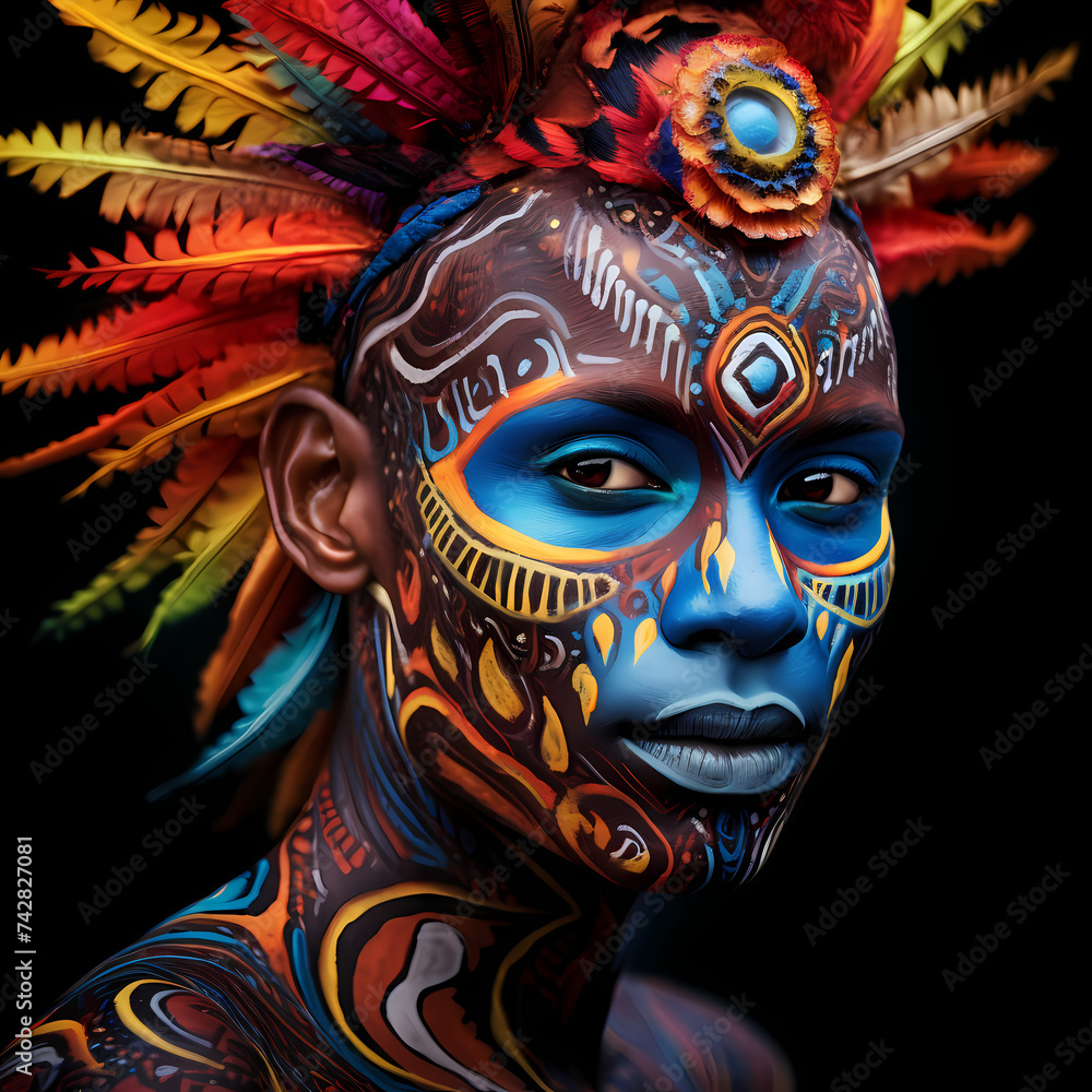 Portrait of a person with vibrant face paint.
