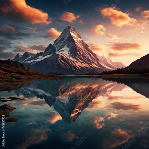 Reflection of a mountain in a calm lake.