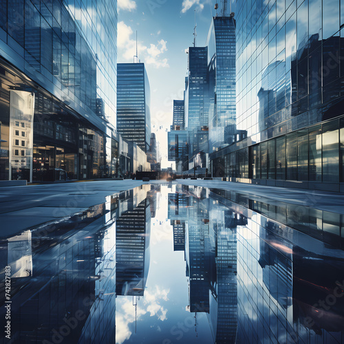 Reflection of skyscrapers in a modern glass building