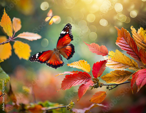 autumn leaves on autumnal background with a red butterfly © Momna