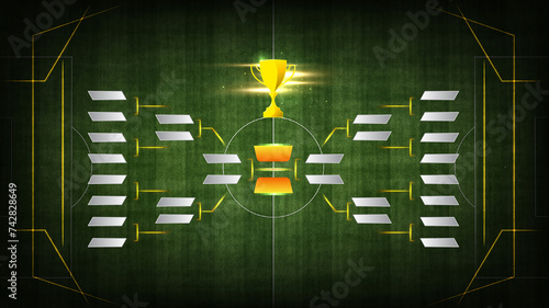 Illustration of match schedule playoff in sport tournament with golden cup against stadium field background. Final stage. Creative Design Tournament Bracket. Concept of sport, match, championship. photo