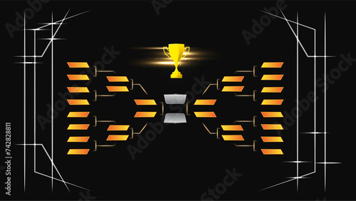 Modern sport game bracket board with gold champion trophy against black background. Illustration in tech theme style layout. Concept of sport, tournament, match, championship. photo