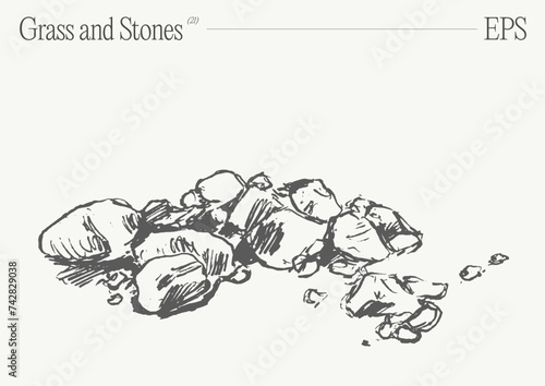 Hand drawn vector illustration of grass and rocks on blank backdrop. Isolated sketch.