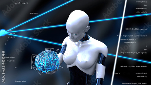 Woman robot walking with an artificial brain