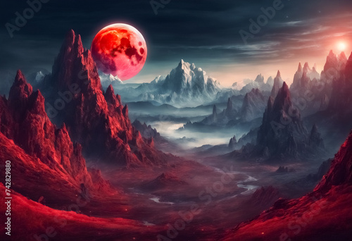 Mondi Fantastici- Paesaggio Montano con Luna Rossa, uno Scenario da Favola photo