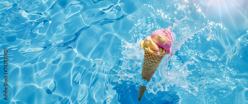 Banner: strawberry and vanilla ice cream cone falling into a blue pool with splashes.