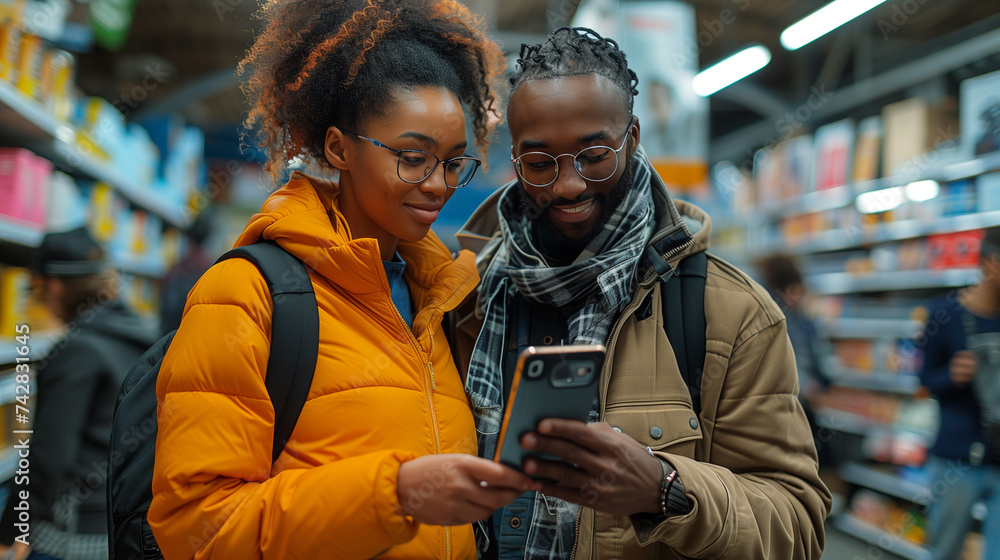 Happy couple buying a smartphone in store. New digital device concept. Happy couple buying a smartphone in store. New digital device concept.