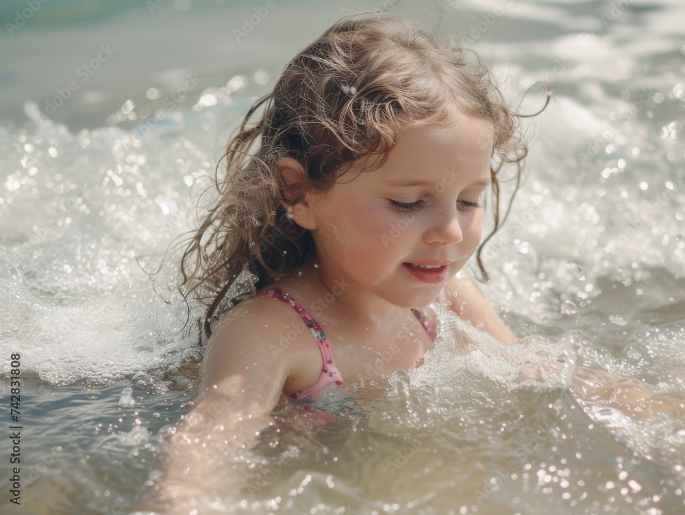 A young girl exudes confidence as she gracefully swims through the glistening waves, her face glowing with joy and determination in her vibrant swimwear, fully embracing the freedom and joy of summer A young girl exudes confidence as she gracefully swims through the glistening waves, her face glowing with joy and determination in her vibrant swimwear, fully embracing the freedom and joy of summer