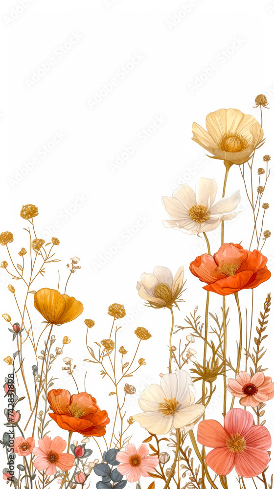 free space for title banner with a border of various flowers arranged in a row, in the style of nature-inspired imagery, detailed botanical illustrations, i can't believe how beautiful this is, white 