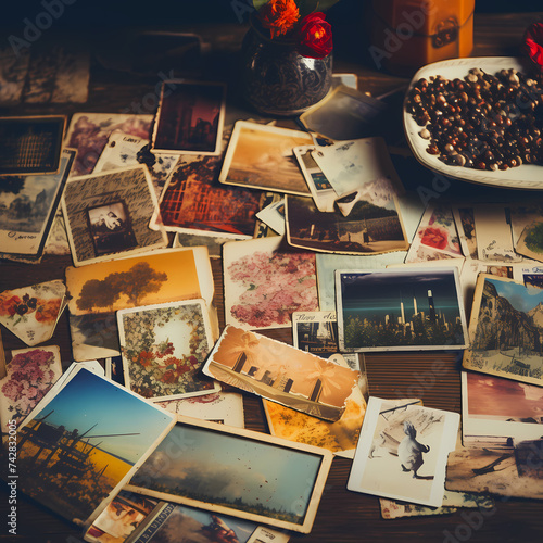 Vintage postcards scattered on an antique table.