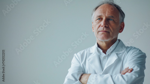 free space for title banner with scientist, specialist, men around 40 years old on the right corner,front view, head and shoulders style, in camera focus, natural lighting, minimal style, on a white s photo