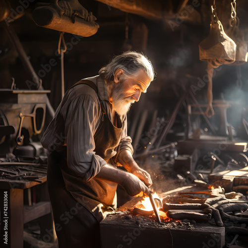 A blacksmith forging metal in a traditional workshop