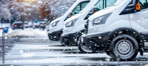 Row of white commercial delivery vans on winter day, service company concept with copy space