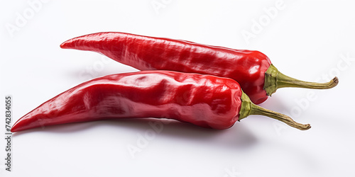 Two dried red chili peppers on white background. 
