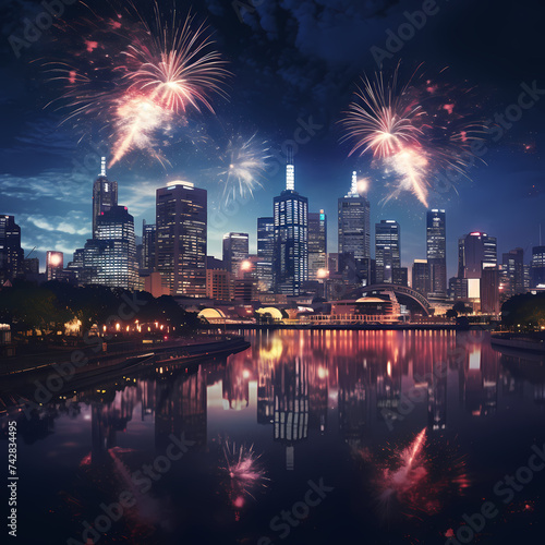 A city skyline with fireworks lighting up the night