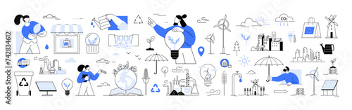 Renewable energy eco friendly practices sustainable business. Green energy set. Sustainable development. Ecological ecosystem and pollution. Ecology smart systems and recycling icon set. Solar, water