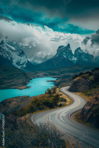 The road surrounded by mountains and a lake.