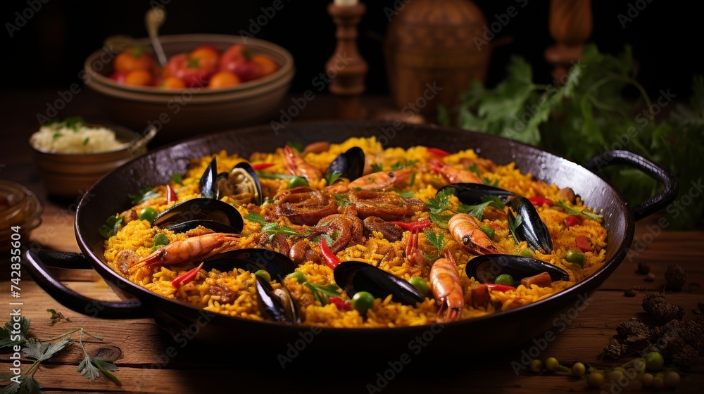 A Pan of Paella With Shrimp and Mussels