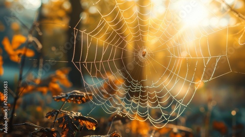 The Gossamer Web Glistens in the Morning Sunbeams of an Autumn Forest