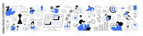 Team Collaboration, Team Leadership Management Skills. Working together. Team management. Collaboration, reach goals, team spirit, support, communication, and exchange Brainstorming office management