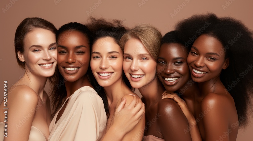 Obraz premium A diverse group of young women on a beige background. Happy African-American, Caucasian models smile, look at the camera. Natural Beauty, Skin care Products, Cosmetics, Cream, Masks concepts.