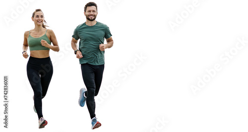 Couple people runners fitness workout running in sportswear. Isolated transparent background. photo