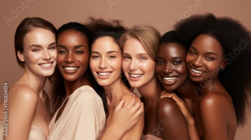 A diverse group of young women on a beige background. Happy African-American, Caucasian models smile, look at the camera. Natural Beauty, Skin care Products, Cosmetics, Cream, Masks concepts.