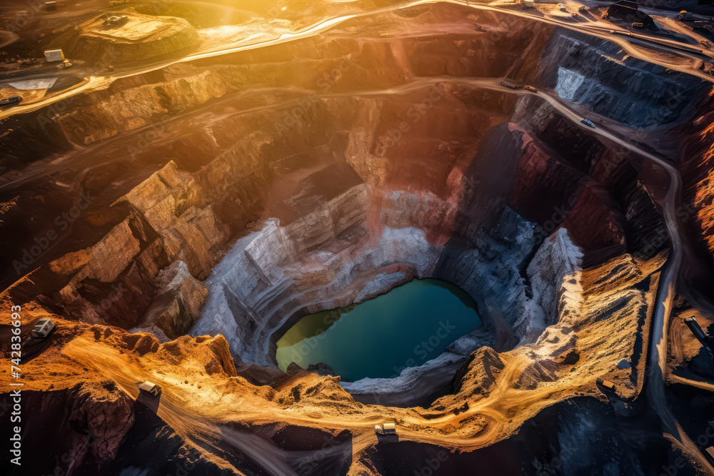 An expansive aerial vista reveals an active opencast mining quarry bustling with heavy machinery in operation, captured from a commanding perspective above. - obrazy, fototapety, plakaty 