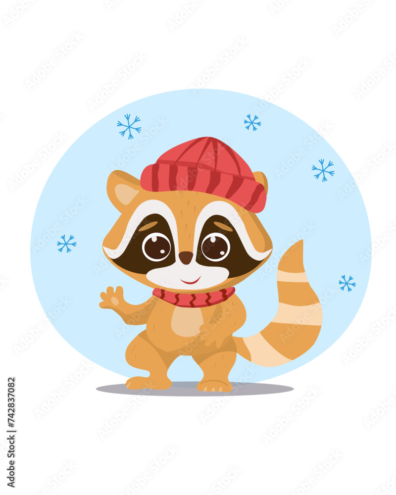 Cute illustration with baby raccoon of winter. Vector illustration with watercolor little animals. Kids illustration. Perfect for print, packing, stickers and any DIY.