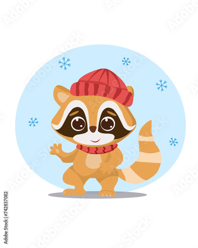Cute illustration with baby raccoon of winter. Vector illustration with watercolor little animals. Kids illustration. Perfect for print, packing, stickers and any DIY. © Valeriya