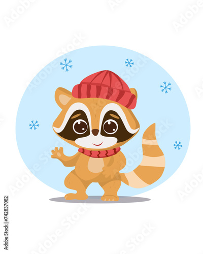 Cute illustration with baby raccoon of winter. Vector illustration with watercolor little animals. Kids illustration. Perfect for print, packing, stickers and any DIY.