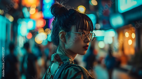 Asian woman with a punk style, cybercity backdrop 