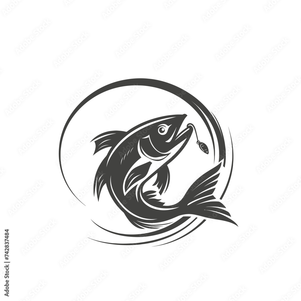 Black simple abstract fishing silhouette design element on white background Generative Ai