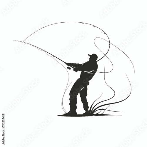 Black simple abstract fishing silhouette design element on white background Generative Ai