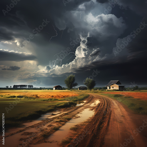 A dramatic stormy sky over a rural landscape.