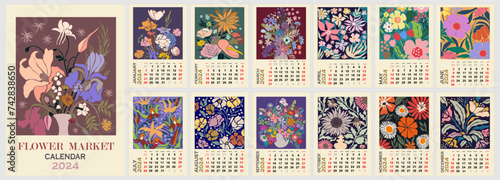 Floral calendar template for 2024 . Vertical design with abstract groovy hippie flowers. Vector illustration page template A3, A2 for printable wall monthly calendar. Week starts on Sunday.