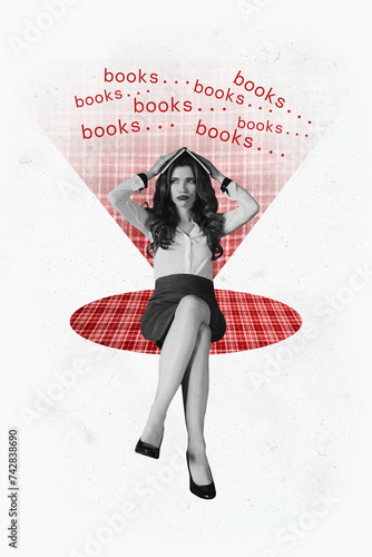 Vertical graphics collage image of uninterested uneducated girl hold book head literature bored red checkered mat isolated on white color background