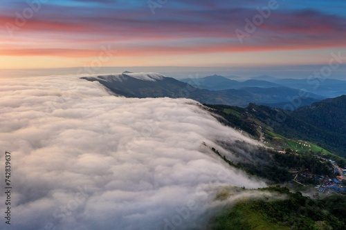 Aerial View Fog Mountains Morning